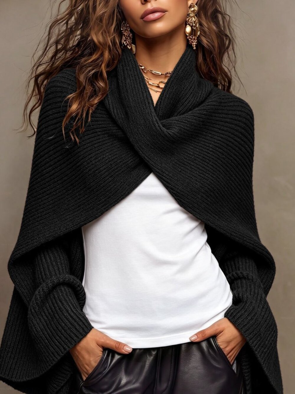 Black Casual Women's Unlined Batwing Cowl Neck Asymmetrical Micro Crop Pullovers